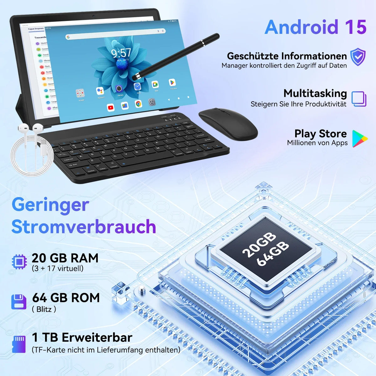 URAO Android 15 Tablet 10.1 Inch 20GB RAM 64GB ROM 5-core Dual Camera Tablets PC Set Keyboard/Case/Mouse/Stylus/Headphone
