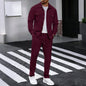 New autumn style waffle long-sleeved solid-color double-pocket buttoned cardigan shirt and pants set