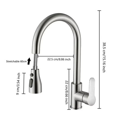 304 Stainless Steel Pull out Kitchen Faucet Deck Mounted Sink Water Tap with Mixer Stream Sprayer Head Hot Cold Taps for Kitchen