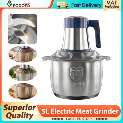 Podofo 5L Electric Meat Grinder Food Chopper Vegetable Chopper 5 Speed 6 Blades Meat Mincer Mixer Electric Dicer Stainless Steel