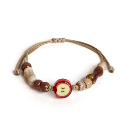 Handmade Apple Ceramic Bracelet Adjustable Woven Cord Cute Cartoon Style Jewelry for Gifts