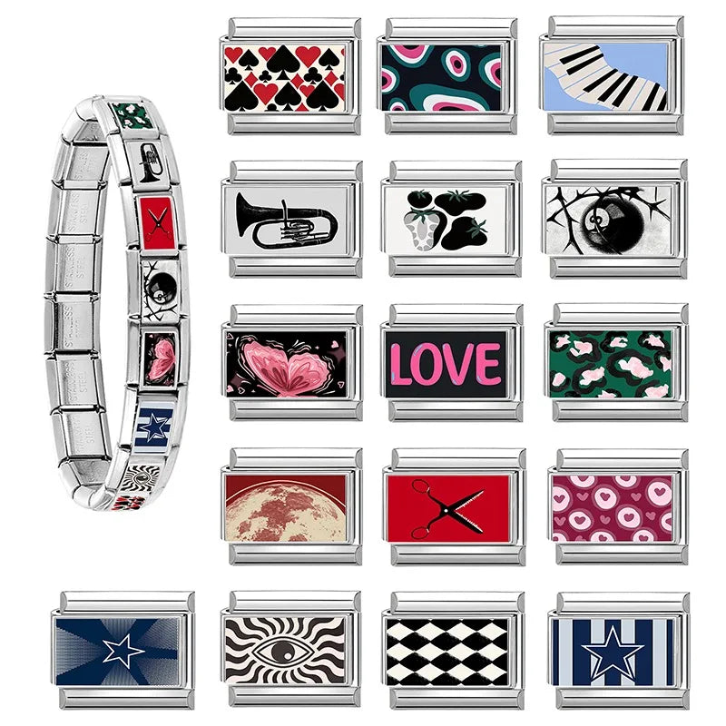 2026 Women Colored Star 1976 Eyes Heart Swan Watermelon Charms Italian Links Fit 9mm Bracelet Stainless Steel DIY Making Jewelry