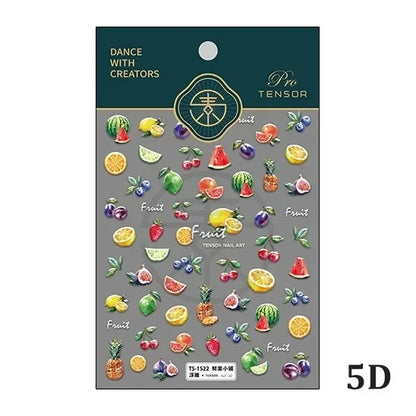 Fresh Sweet Fruits Strawberry Cherry Bowknot Love Heart Lemon 5D Nail Art Stickers Self Adhesive Decorations Nail Manicure Decal
