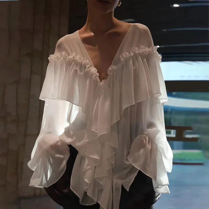 Sexy See-through Chiffon Top V-neck Long Sleeve Beach Party Shirt Trans-seasonal Women's Low Cut Shirt Ruffle Solid Color Tops