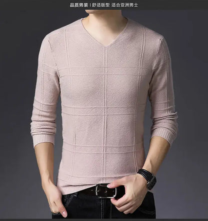 Autumn Winter New Men V-neck Pullover Sweaters Plaid Casual Korean Clothing Tees Fashion Slim Long Sleeve Bottoming Knitted Tops