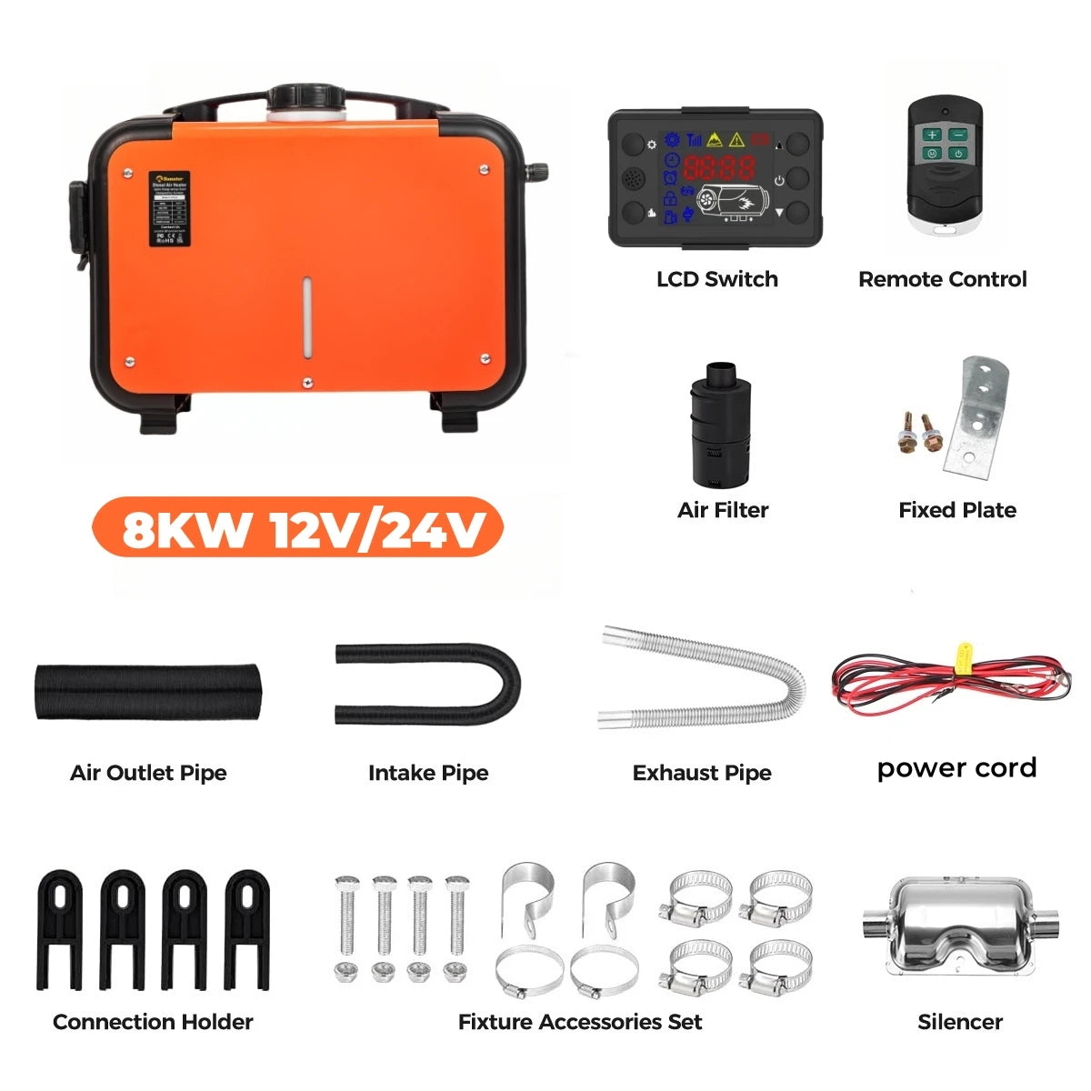 Sunster 8KW 12V 24V Diesel Air Heater With Sound Dampeners LCD Switch Car Parking Heater For Car Trailer Truck Diesel Parking Heater