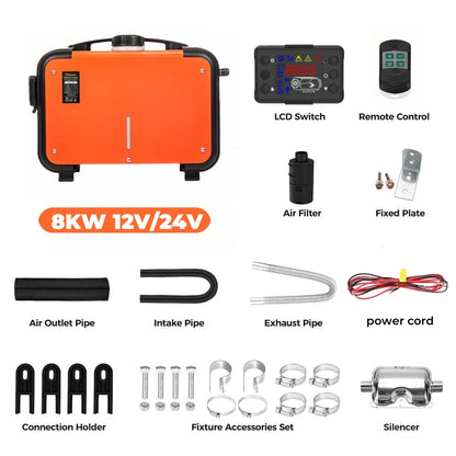 Sunster 8KW 12V 24V Diesel Air Heater With Sound Dampeners LCD Switch Car Parking Heater For Car Trailer Truck Diesel Parking Heater