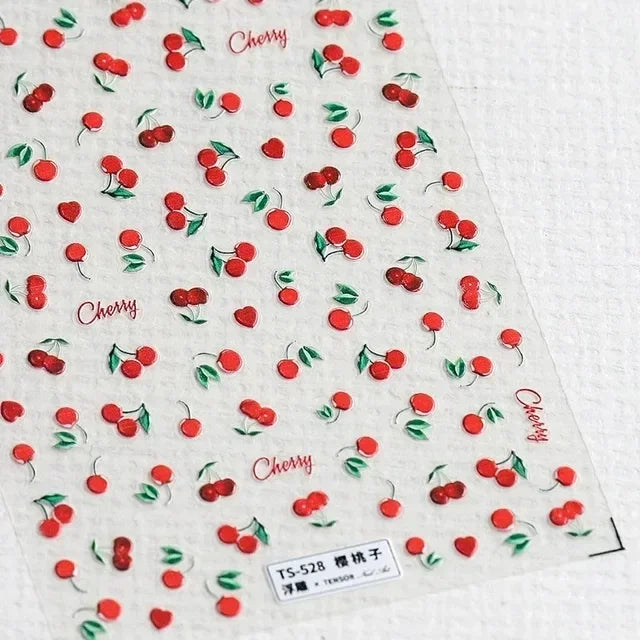 Lovely Red Fruit Strawberry Cherry Bowknot Love Heart Star Silk Ribbon 5D Nail Art Stickers Chic Self Adhesive Manicure Decal