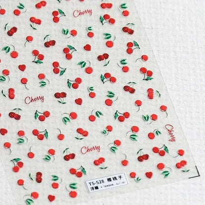Lovely Red Fruit Strawberry Cherry Bowknot Love Heart Star Silk Ribbon 5D Nail Art Stickers Chic Self Adhesive Manicure Decal