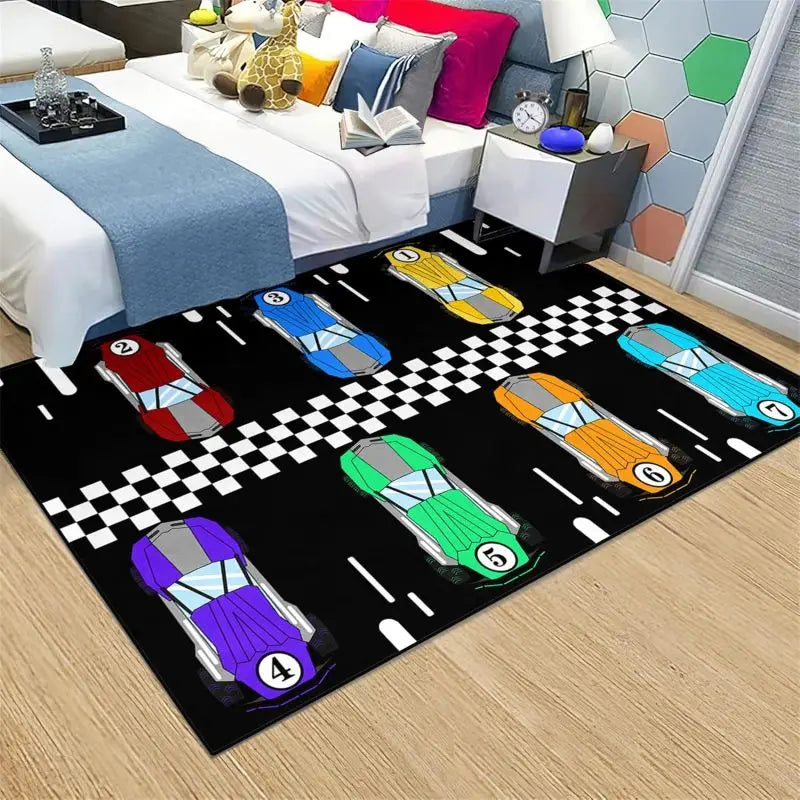 Construction Car Print Area Rug Washable Carpets for Kids Bedroom Living Room Kitchen Entrance Mat Non Slip Flannel Mats