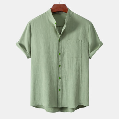 2026New men's short sleeved solid color standing collar cardigan casual shirt for foreign trade