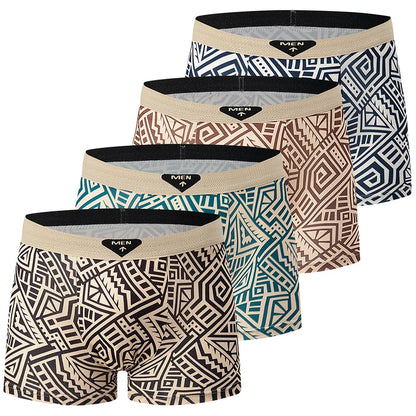 4-piece Set Of Men's Seasonal Fashionable Printed Underwear Comfortable Elastic Waist Flat Angle Pants Plus Size Casual Shorts