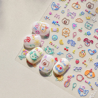 Lovely Animal Graffiti Cat Claw Rabbit Bunny Bear Dog Flower Fruit Dim Sum Candy Sunflower Adhesive 5D Nail Art Stickers Decal