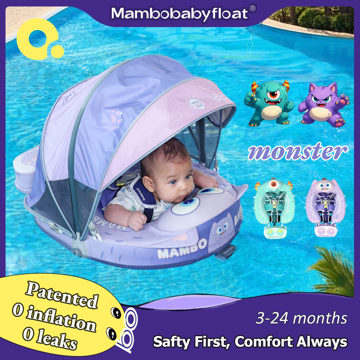 Mambobaby Float 98% UV Protection Canopy Safe Air-Free Core Comfort Skin-friendly Design Baby Swim Ring Toddler Pool Float Infant Swim Circle Swimming Buoy 1 Years 3-34 Months Boy and Girl Globally Certified Safe Design
