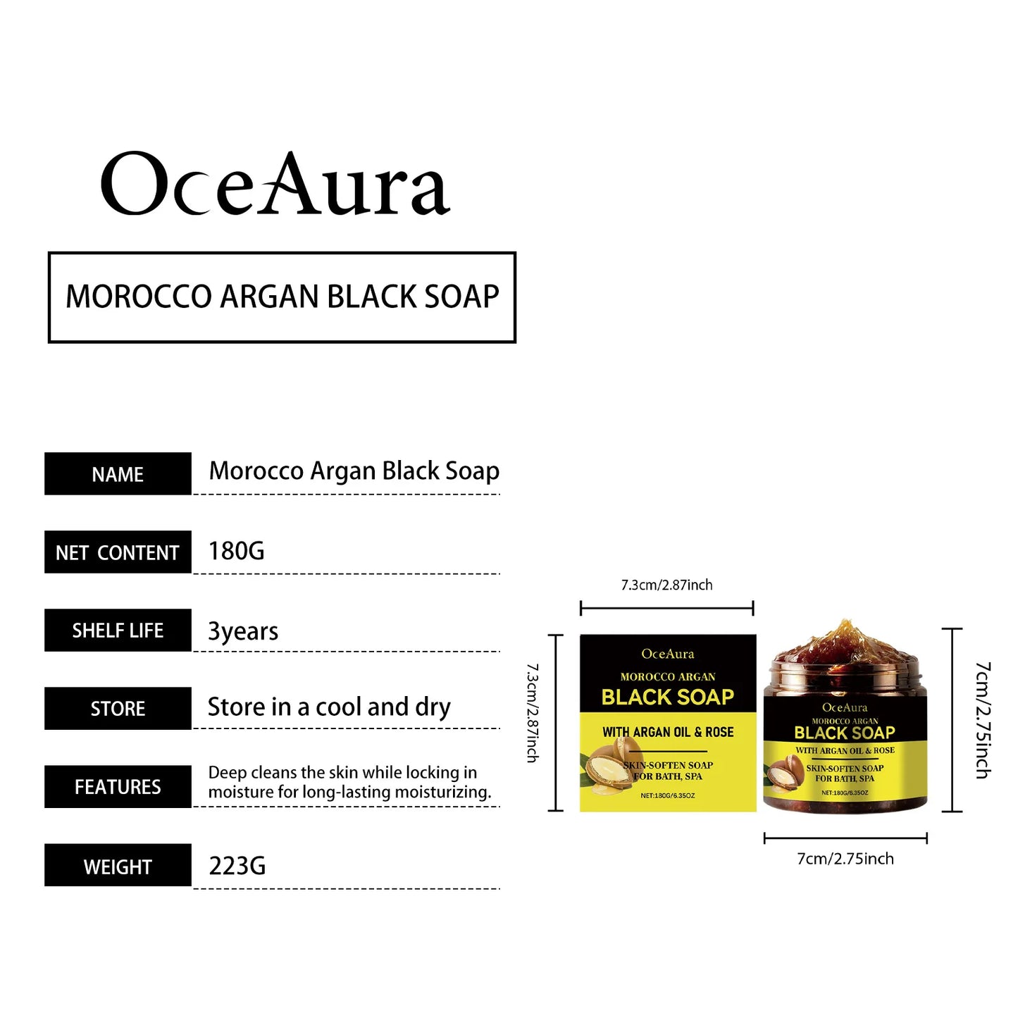 OceAura Black Soap Morocco Argan Oil Exfoliating Body Smooth Soft Professional Skin Cleaning Spa Rose Flower Oil Bath Soap 180g