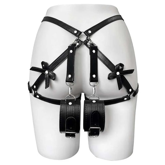Women's Sexy Bow PU Leather Thigh Garter Harness BDSM Bondage Lingerie with Butt Wear And Suspender Belt Waist-To-Leg Adult Sex