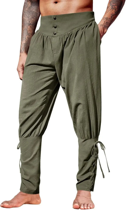Mens Medieval Ankle Pants Renaissance Viking Pirate Lace Up Tapered Halloween Linen Costume Trousers Cargo Pants