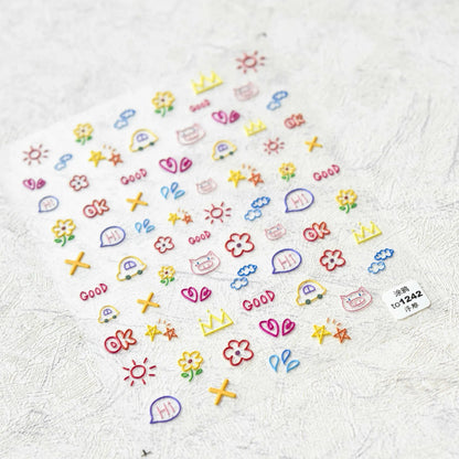Collage Text English Letter Musical Note Star Graffiti Colorful 5D Love Heart Bowknot Nail Art Sticker Adhesive Manicure Decals