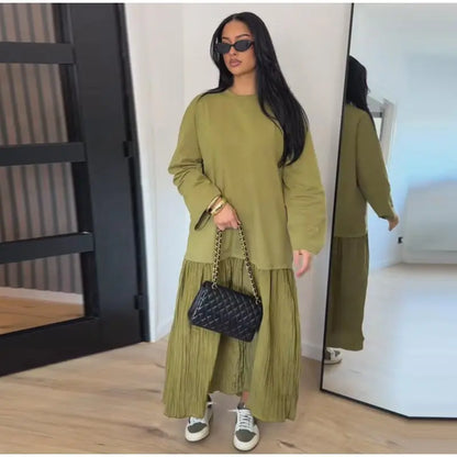 2026 Summer New Loose Patchwork Dresses Women's Pleated Fashion Short Sleeve O-neck Long Robes Female Elegant Casual Dress