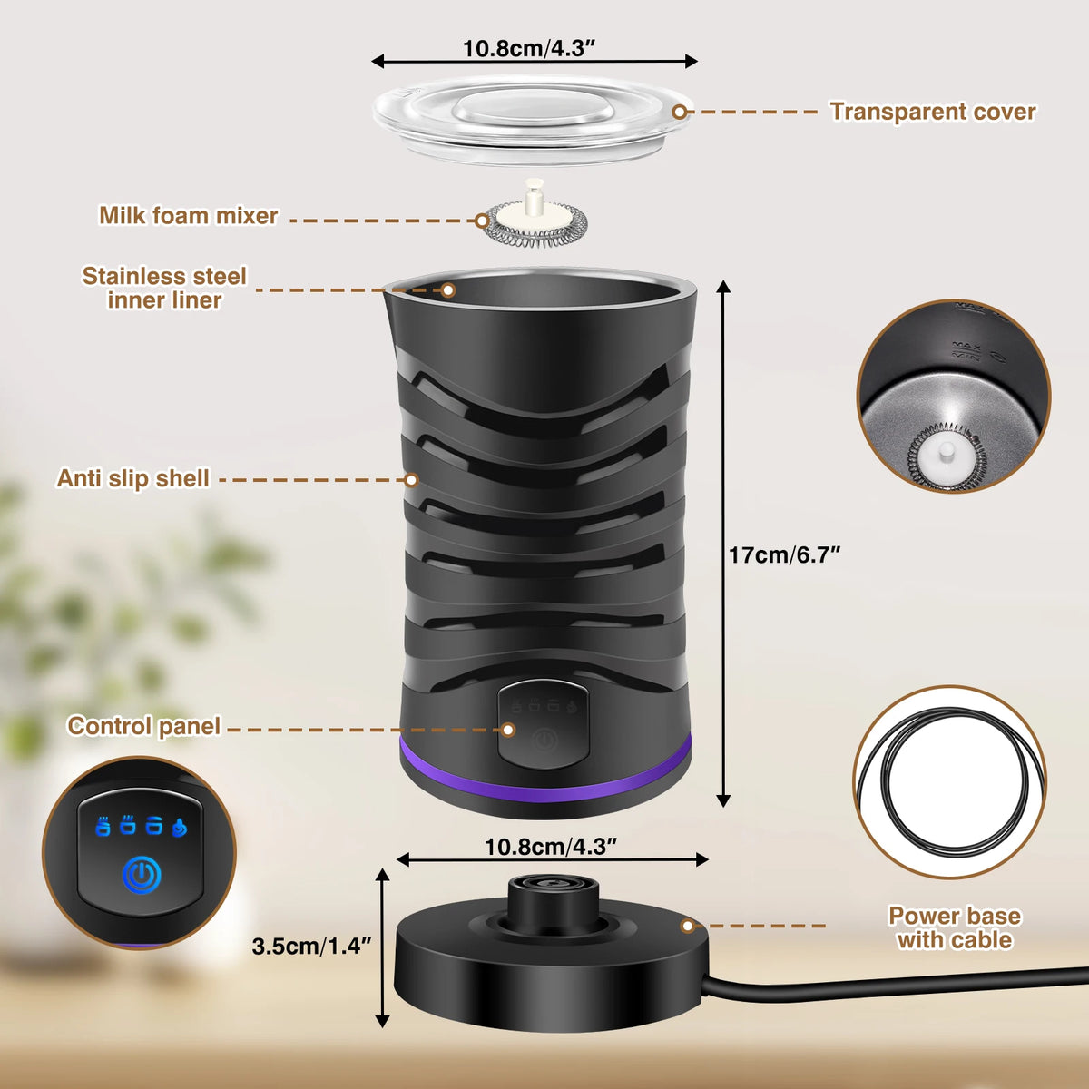 Four-in-one electric milk frother, 600ml capacity, quiet operation, suitable for lattes, hot chocolate and other beverages