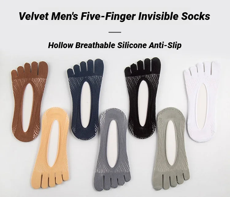 1/5 Pairs Summer Men's Invisible No Show Five Finger Socks Thin Velvet Non-Slip Mesh Breathable Elastic Solid Silk Soft