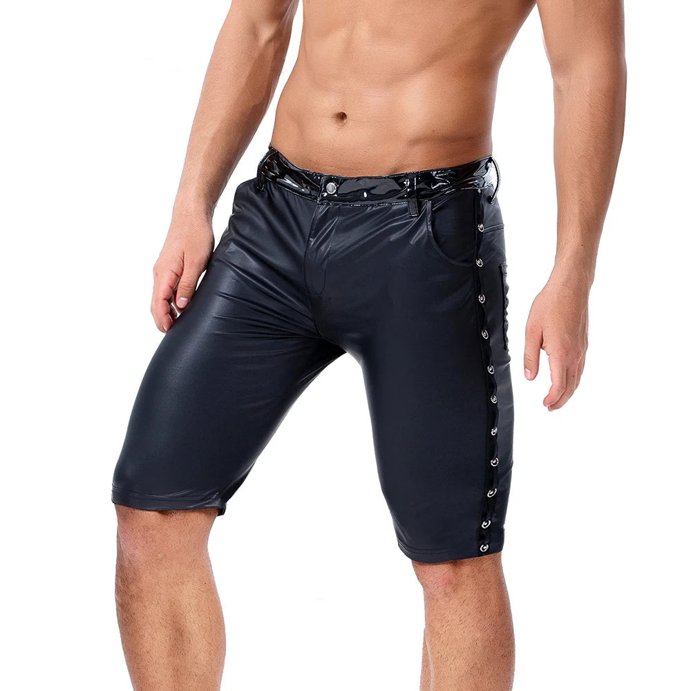 Mens Faux Leather Shorts Pants Patchwork Side Button Pocket Casual Pencil Trousers Party Clubwear Stage Pants Streetwear 2XL