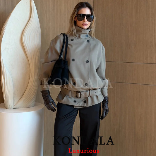 KONDALA High Street Casual Chic Women Jacket Double Breasted Stand Collar Pockets Sashes Jacket New Fashion 2026 Spring Jacket