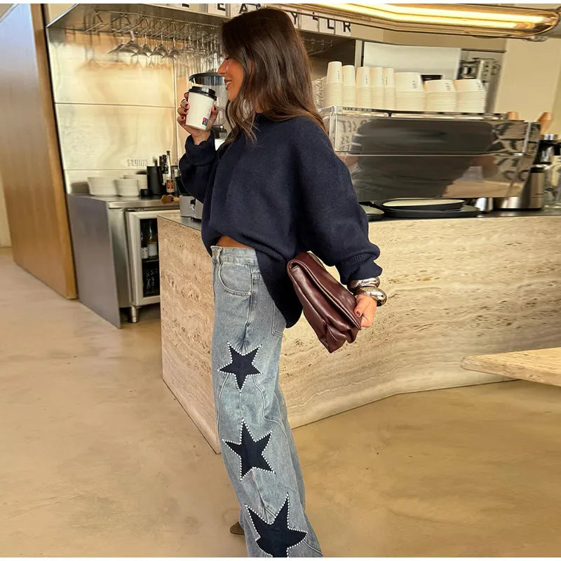 Female Vintage Leather Pocket Jeans Women Blue Zipper Straight Loose Trousers Lady New Fashion Daily Casual Spring Pants 2026