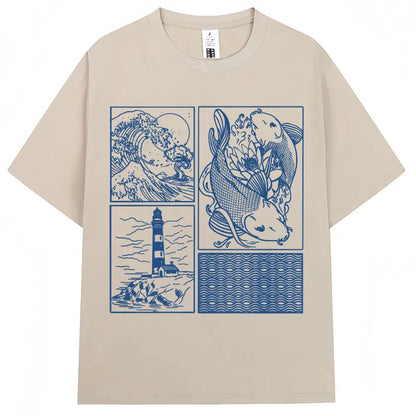 Japanese Style Hokkaido Wave Vintage T-shirt Men Women Harajuku Fashion High Quality T Shirts Oversized Cotton Summer Tee Shirt