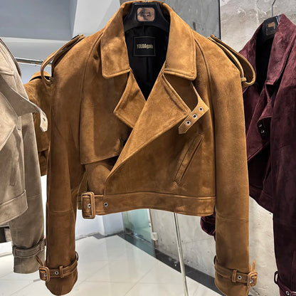 YOLOAgain Wide Shoulder Real Leather Jacket Women Oversized Genuine Leather Cropped Jacket