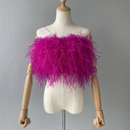 Jaxmonoy New Women Ostrich Feather Tube Spring Summer Sexy Stretch Top Bra Lady Party Wedding Fashion Sleeveless Cropped Top