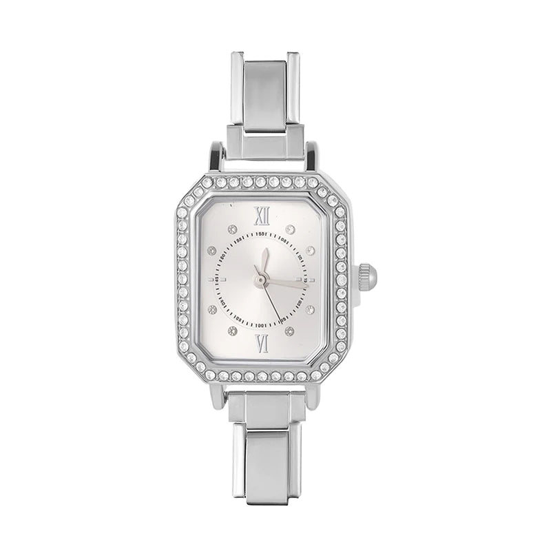 Fashion High Quality Men Women's Stainless Steel Square Round Shiny Zircon Watch Bracelet For Friend Birthday DIY Jewelry Gift