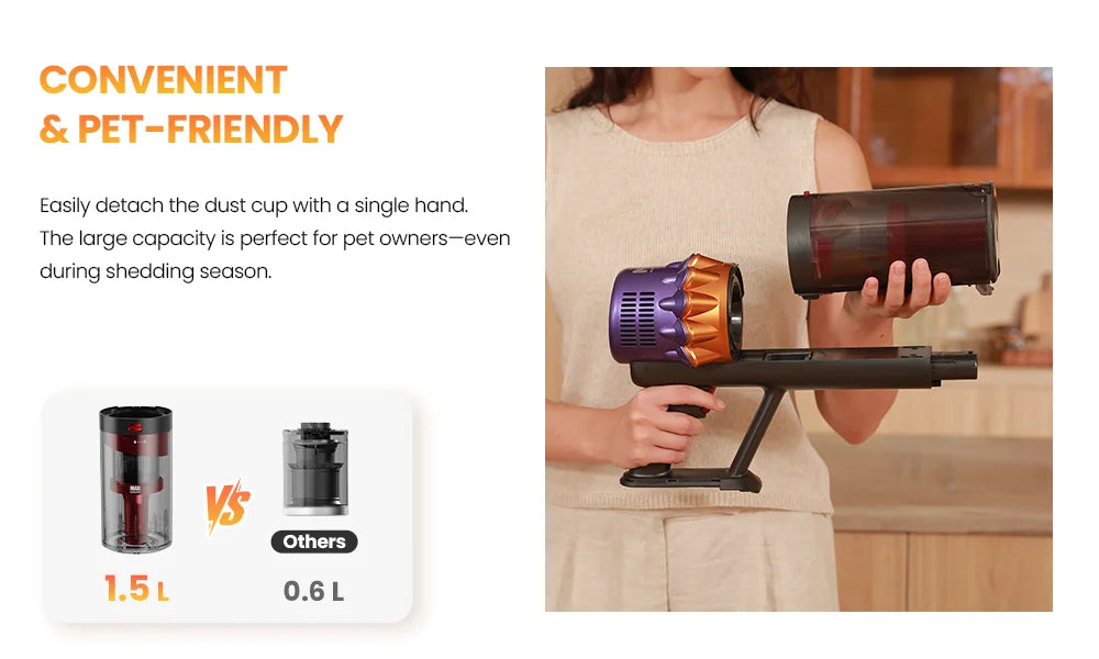 Erabros EV5 550W 70KPA Cordless Vacuum Cleaner Ultra-Strong Suction Power 80Mins Runtime Handheld Smart Vacuum Cleaner 4 Modes
