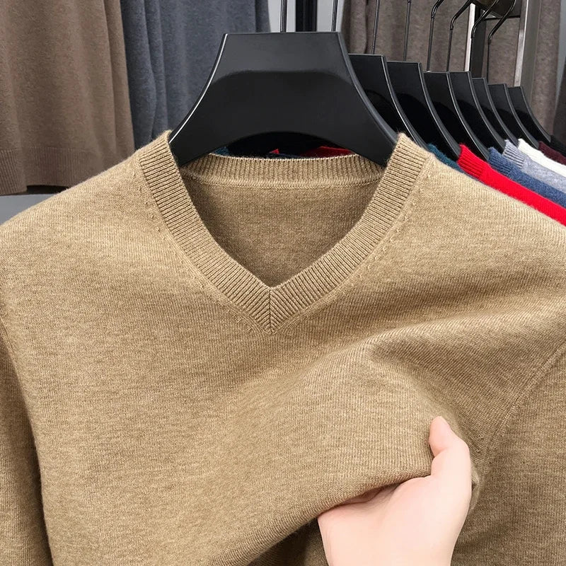 Men's V-Neck Basic Solid Color Sweatshirt Warm Autumn Knitted Oversize Pullover Elastic round Neck Sweater for Casual Wear