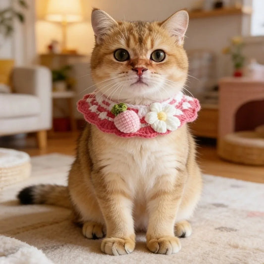 Stylish Adjustable Flower Pet Scarf Bib Sweet Decorative Knitted Cat Scarf Cozy Handmade Cat Woven Bib Spring Collection