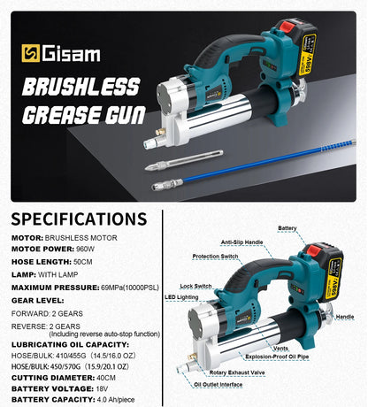 Gisam 10000PSI Brushless Electric Grease Gun Kit Electric High-Performance Grease Gun Set Power Tool For Makita 18v Battery Pins
