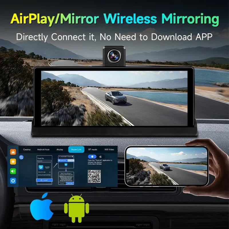 Srnubi 10.26 inch 4K ADAS Car DVR with 360° Rotation Dash Cam Wireless Carplay Android Auto Mirror Link BT WIFI AUX FM Dashboard