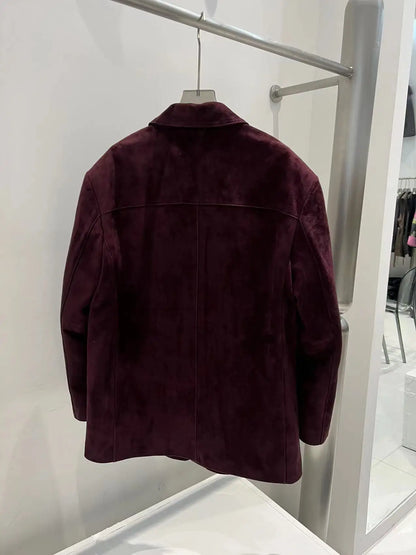French High-end Western-style Leather Jacket for Women 2026 New Color Purple Red Oversized Casual Kid Suede Suit Blazer Outwears