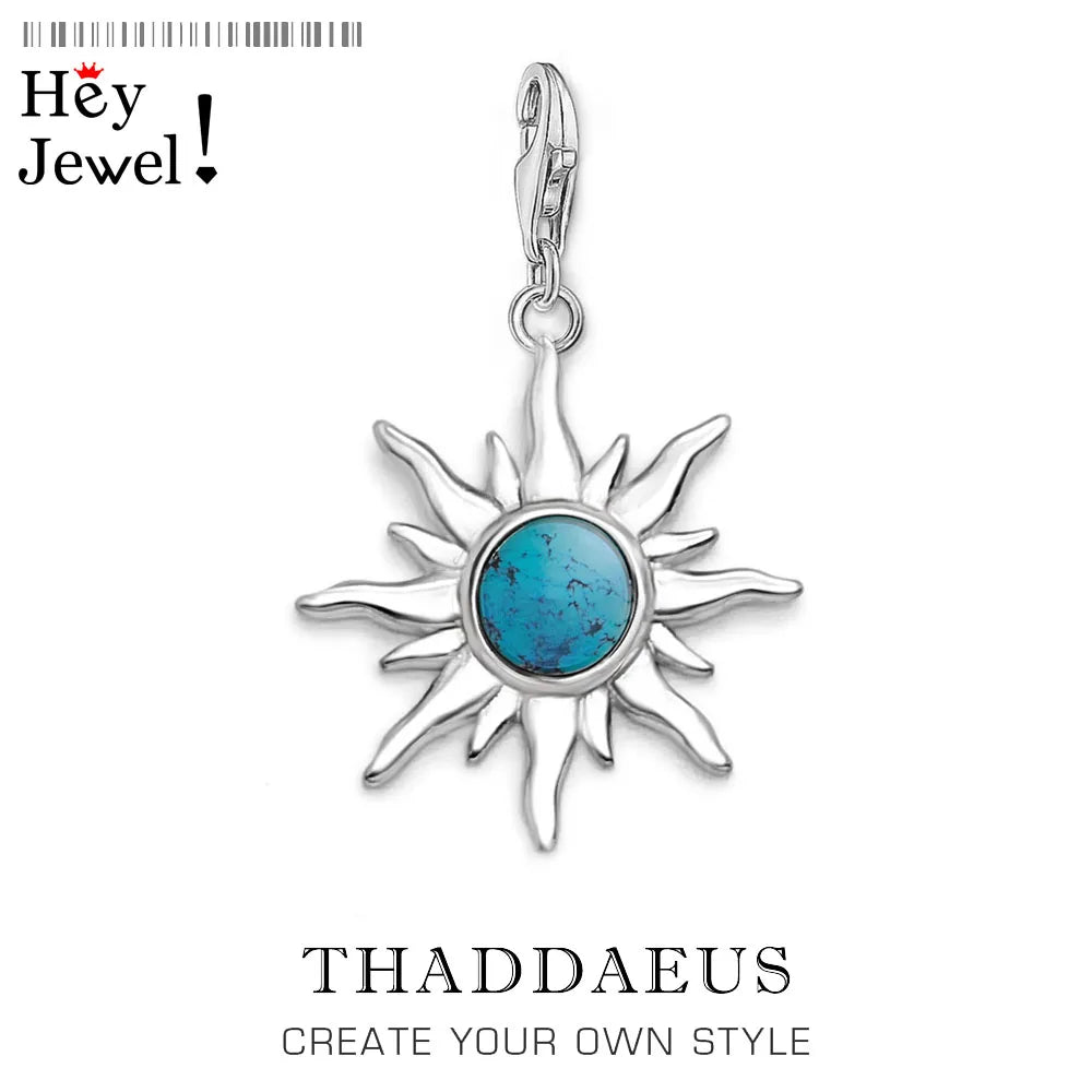 Blue Stone Sun Dangle Charm For Women Men 925 Sterling Silver Pendant Jewelry Trendy Gift