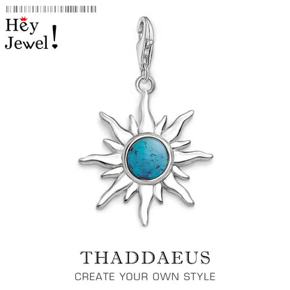 Blue Stone Sun Dangle Charm For Women Men 925 Sterling Silver Pendant Jewelry Trendy Gift