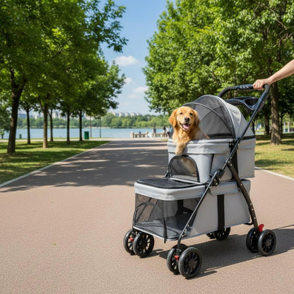 Double-Deck Pet Stroller Lockable Wheels Small Dog Feline Stroller Pet Transport Storage Pockets Removable Liner for Outdoor