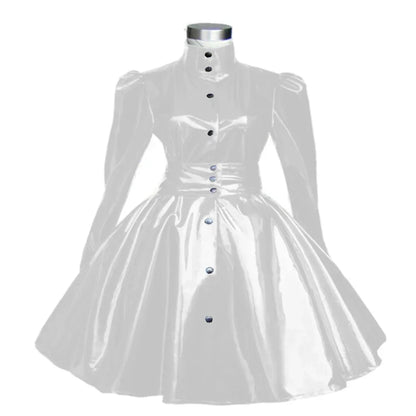 Plus Size Sweet Girl Mini Dress PVC Leather High Neck Button Pleated  A-line Dress Preppy Style Back Zipper Long Sleeve Dress
