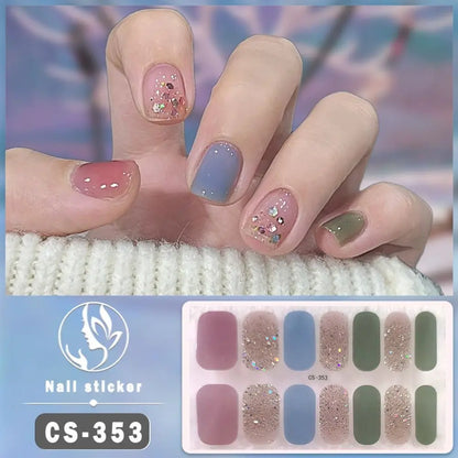 14Tips Semi Cured Gel Nail Stickers Foil Glittering Nail Art Stickers Self-Adhesive Simple Gel Full Nail Wraps