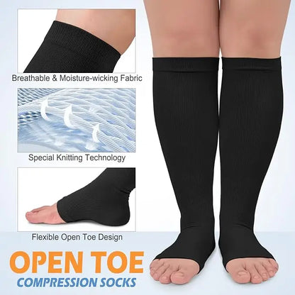1Pair 2XL-7XL Plus Size Compression Socks Open Toe Compression Women& Men 15-20mmHg Wide Calf Knee High Toeless Compression Sock