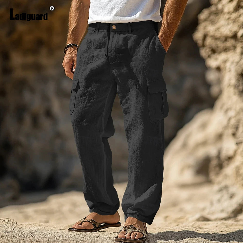 Ladiguard Plus Size Men's Stand Pocket Casual Linen Pants White Black Straight Beach Trousers Mens Fashion Cargo Hotpants New