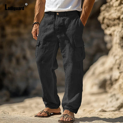 Ladiguard Plus Size Men's Stand Pocket Casual Linen Pants White Black Straight Beach Trousers Mens Fashion Cargo Hotpants New