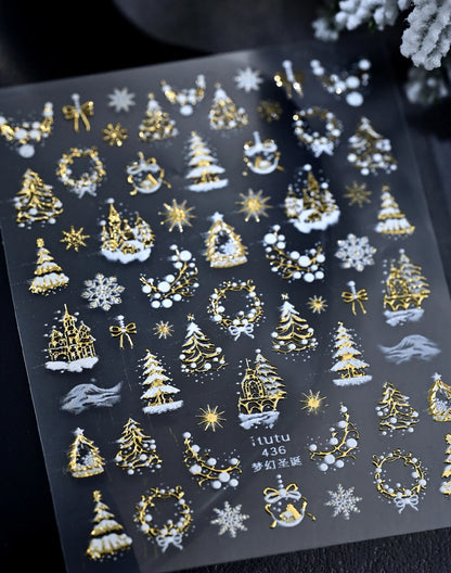 5D Embossed Gold Castle/Garland/Christmas Tree Nail Stickers White Snowflakes Bow Star Nail Decals Self-Adhesive Xmas Nail Decor