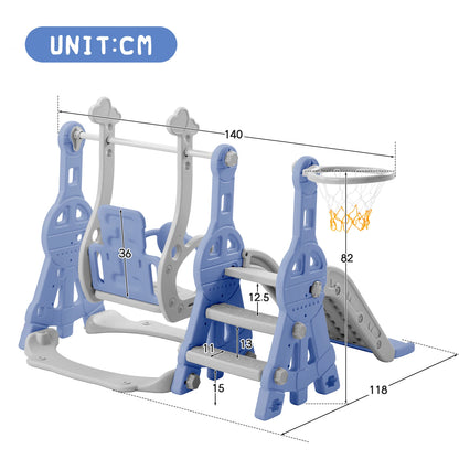 Kids 4-in-1 Slide and Swing Set, Toddler Playground with Basketball Hoop and Climbing Ladder, Indoor Outdoor Activity Center, HDPE Plastic Playset with Adjustable Swing Height, Anti-Slip Steps and Stable Base for Toddlers