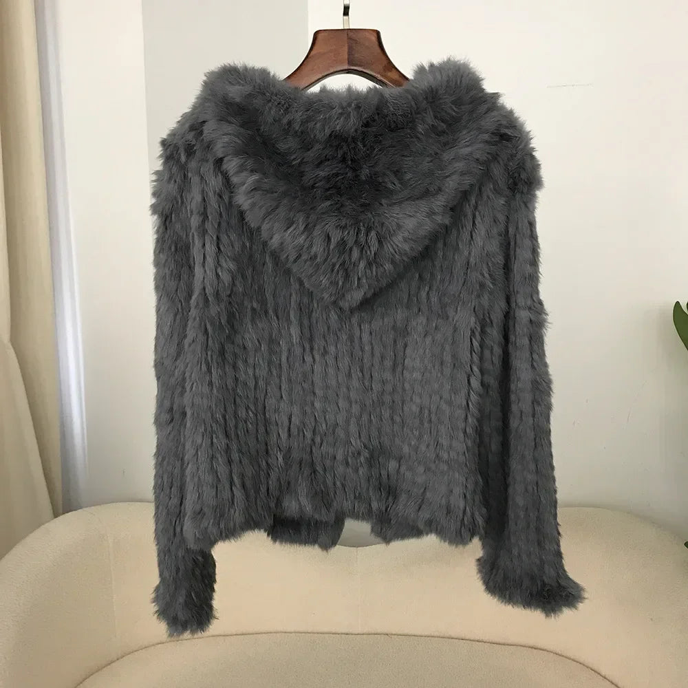 2024 Short Rabbit Fur Coat for Women Autumn Winter New Encrypted Thickened Handmade Double-sided Woven Hooded Korean Style