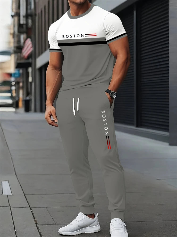 New Men's Letter Print Two-piece Set Outdoor Casual Round Neck Short Sleeve Drawstring Long Pants Plus Size Loose Fit Outfit